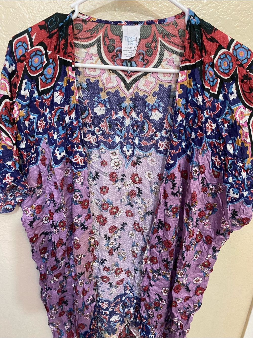 Time and Tru Purple Floral Boho Kimono with Red and Blue Accents